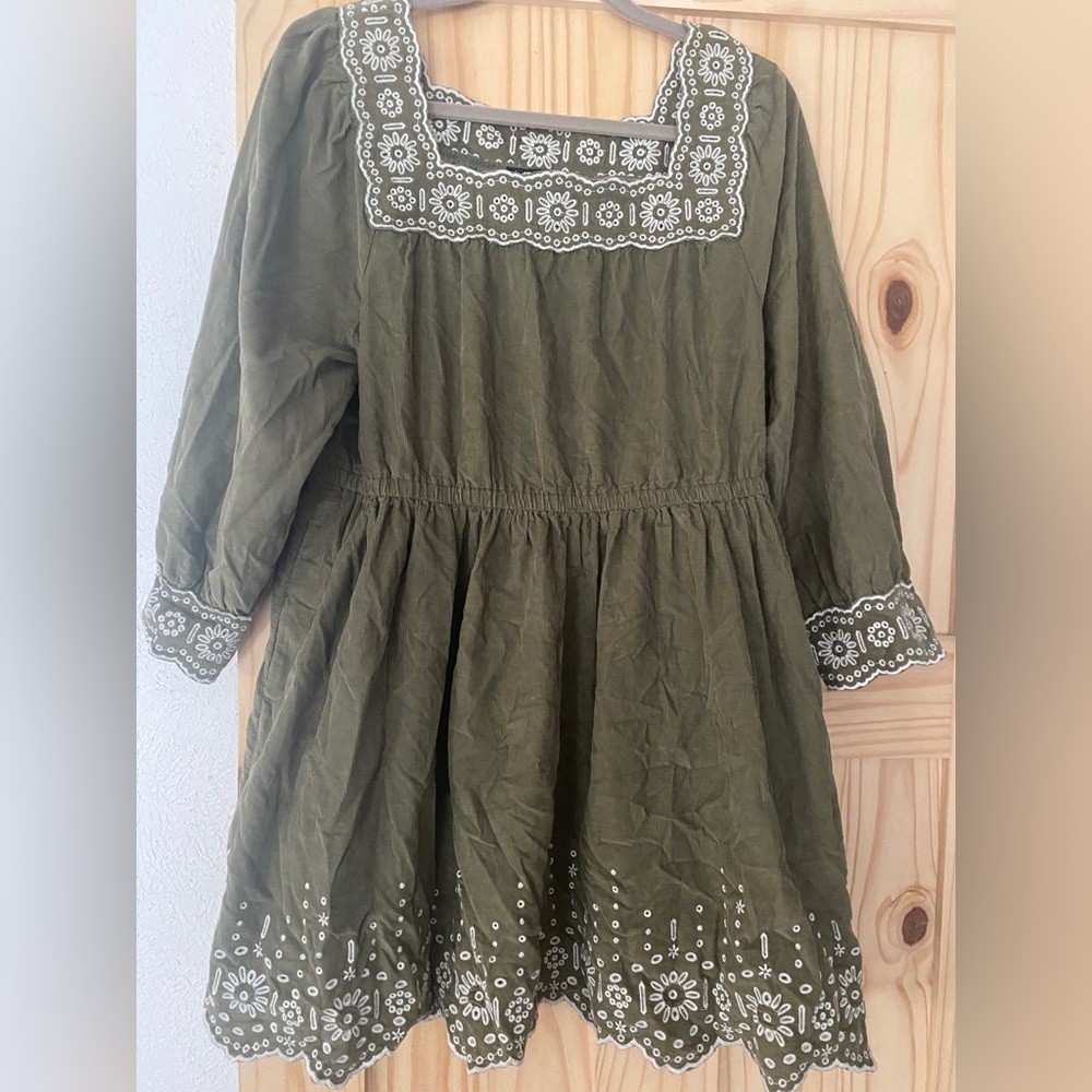 NWT Madewell Petite Large Embroidered Corduroy Square-Neck Mini Dress olive